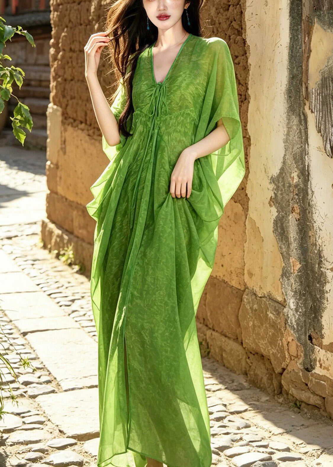 Crinkle Chiffon Damask Batwing Sleeve Tie Waist Maxi Dress - View 3