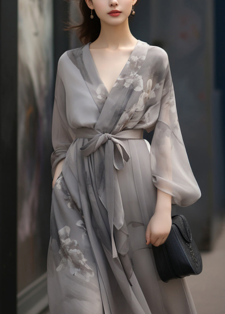 Floral Print Wrap Deep V-Neck Bishop Sleeve Tie Waist Maxi Dress