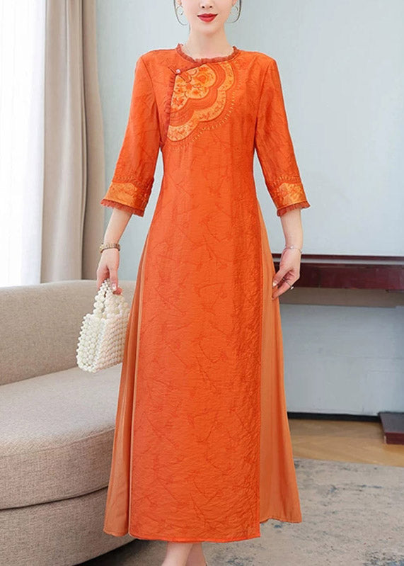 Embroidered Chest Patch Lace Trim Three Quarter Sleeve Maxi Dress