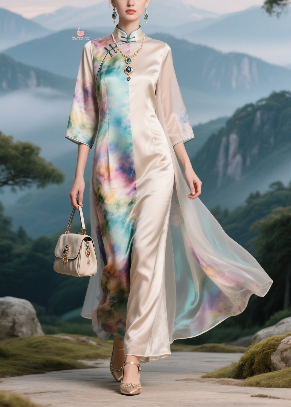 Mandarin Collar Frog Button Split Panel Floral Print Maxi Gown - View 5