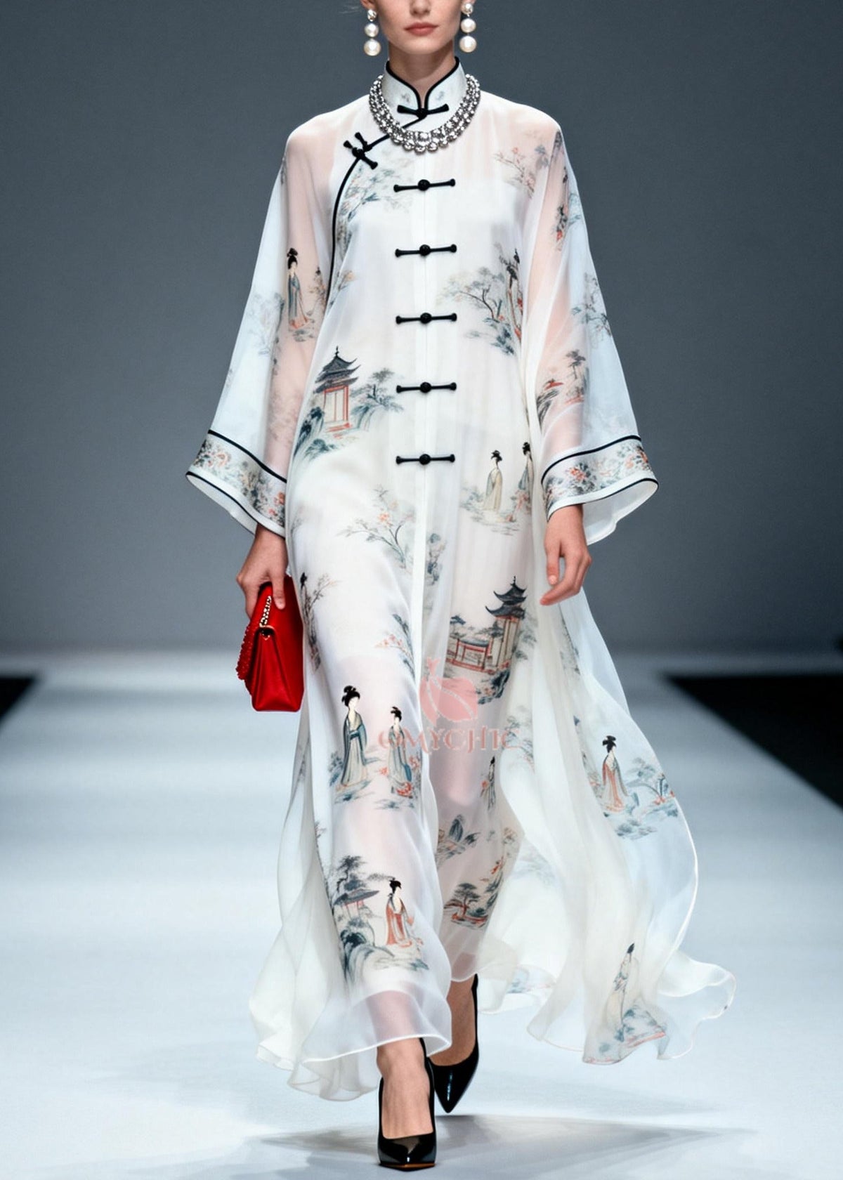 Landscape Print Mandarin Collar Frog Button Long Sleeve Maxi Gown - View 5