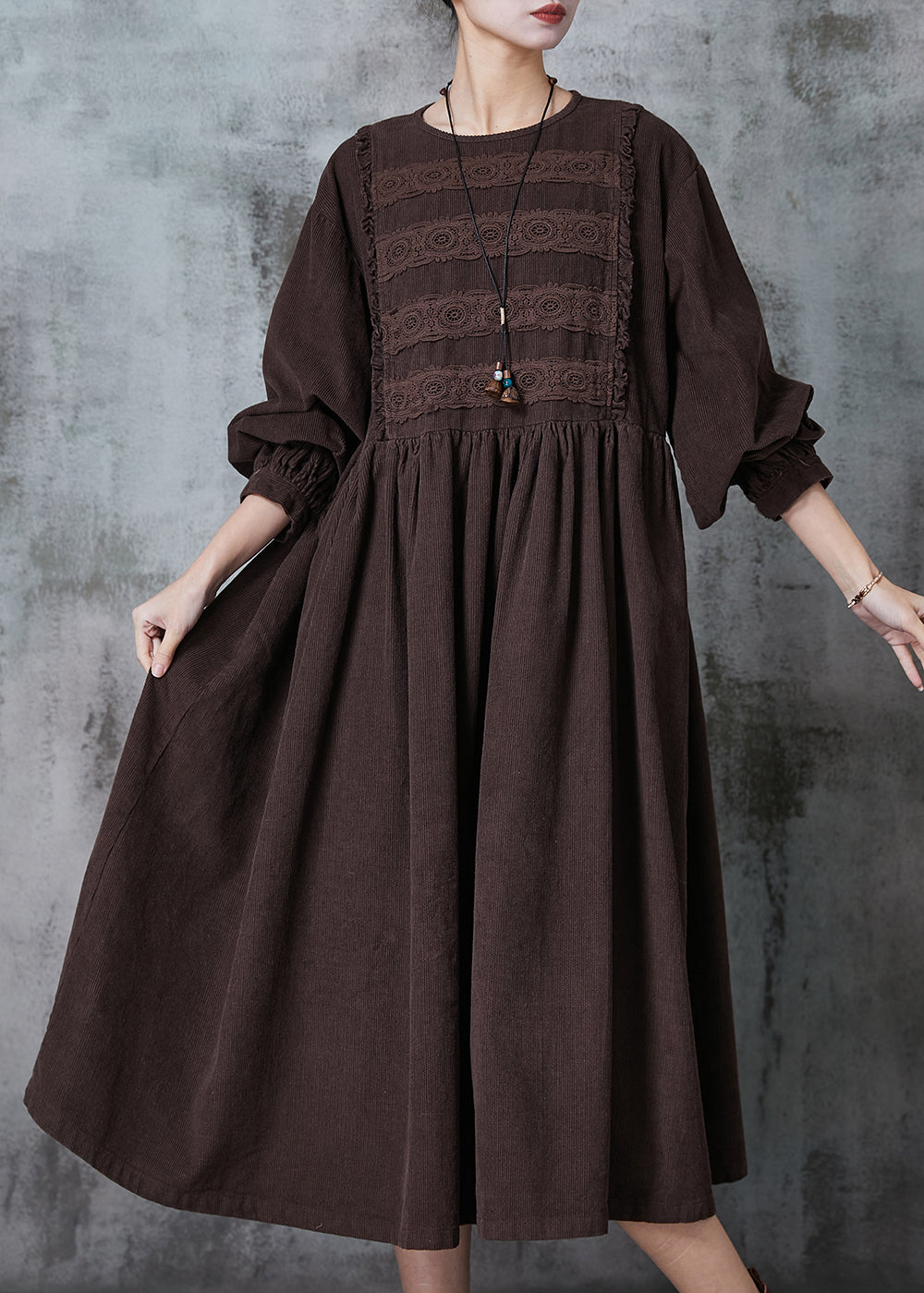 Corduroy Lace Insert Bishop Sleeve Empire Waist Midi Dress - View 2