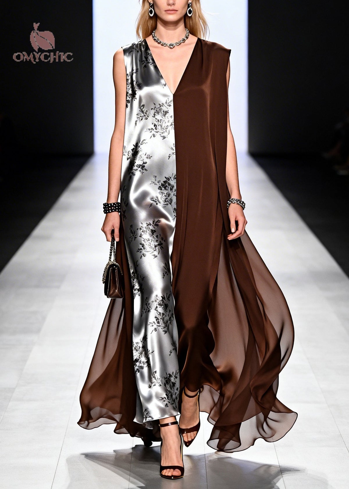 Floral Print Satin Deep V-Neck Sleeveless Split Panel Maxi Gown