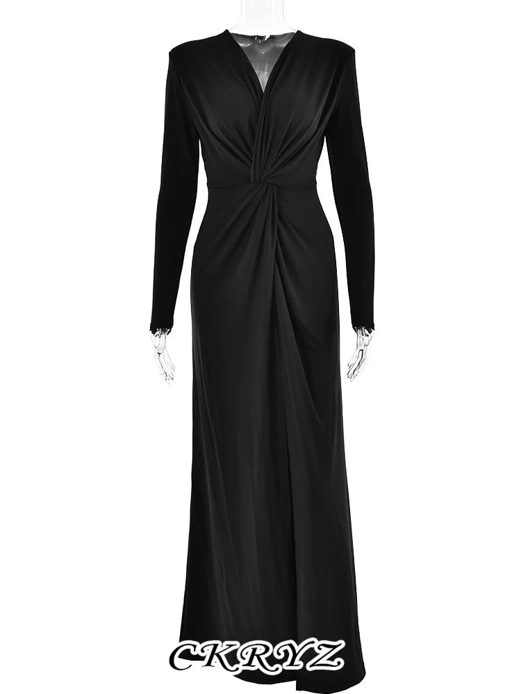 Deep V-Neck Long Sleeve Twist Front High Split Bodycon Maxi Dress - View 6