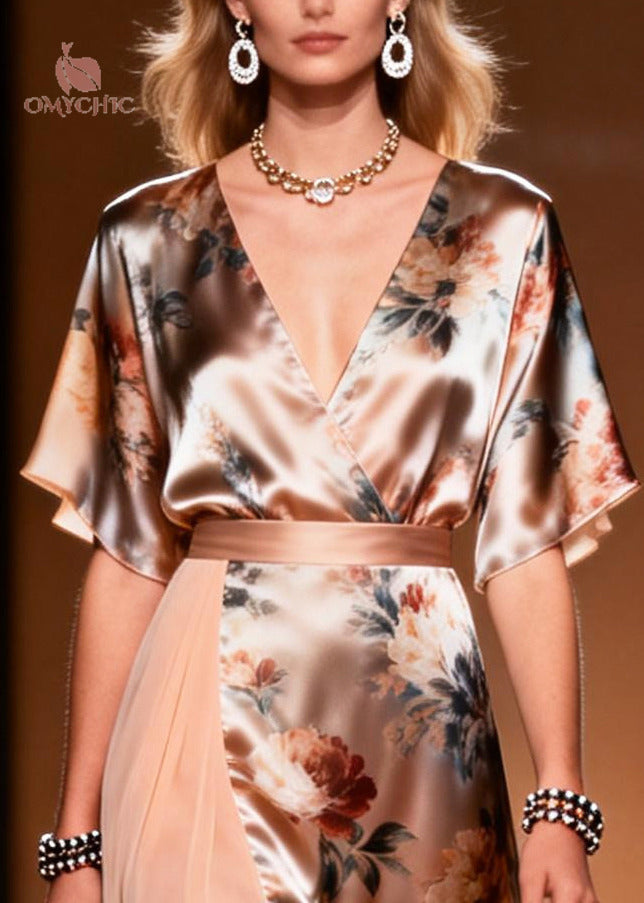 Floral Print Deep V-Neck Flutter Sleeve Satin Wrap Midi Dress - View 2