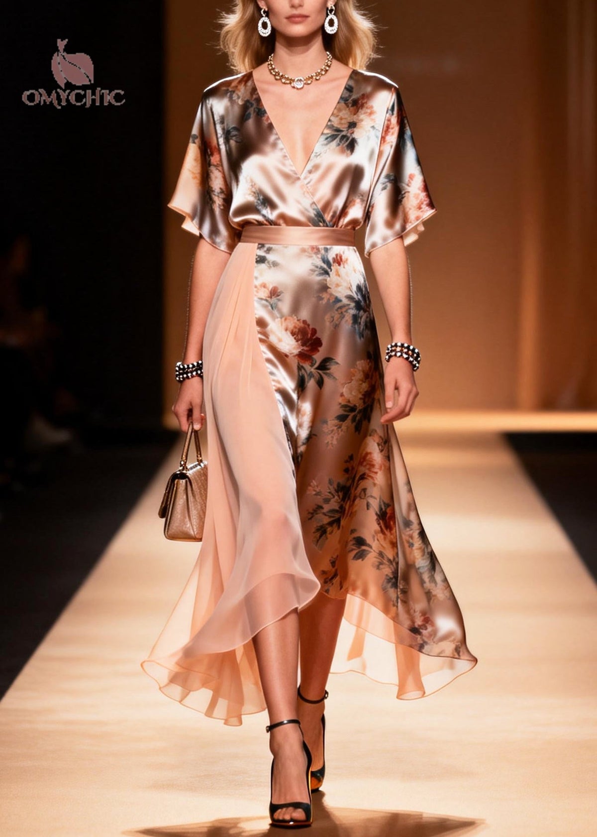 Floral Print Deep V-Neck Flutter Sleeve Satin Wrap Midi Dress - View 5
