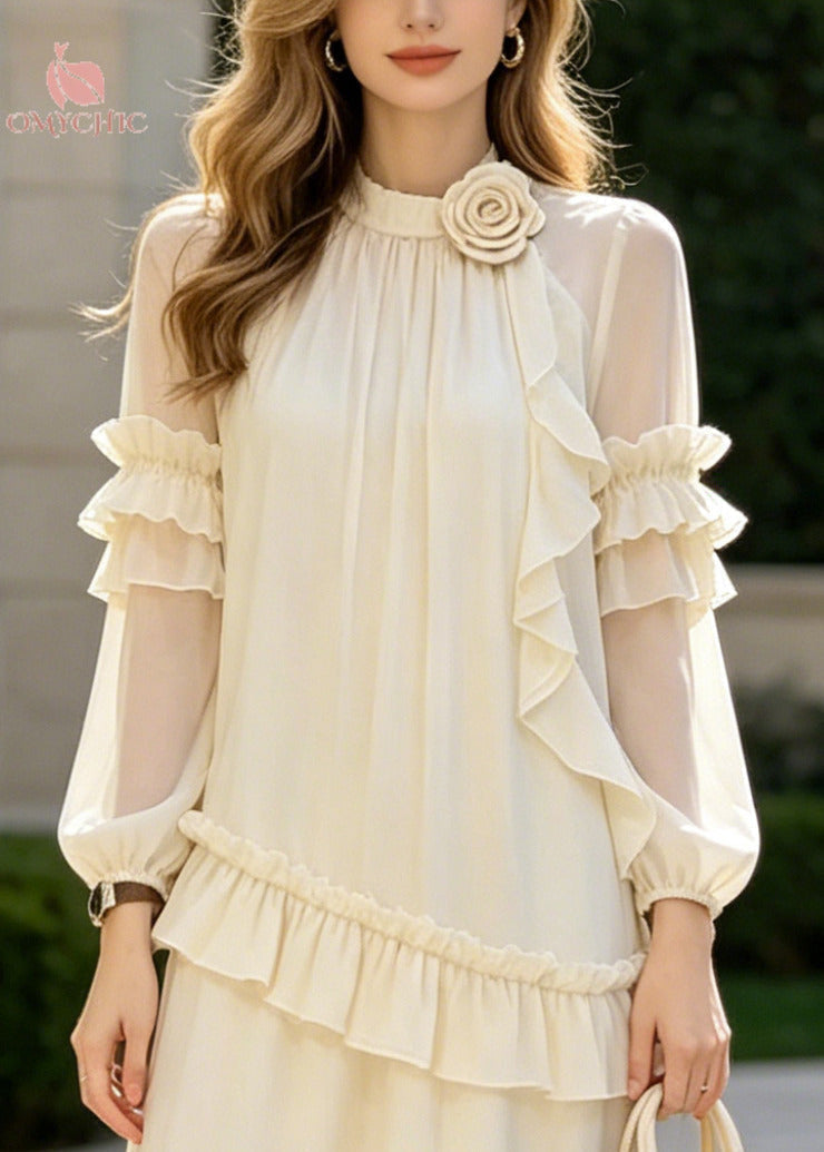Classy Apricot Ruffled Floral Chiffon Long Dresses Summer - View 2