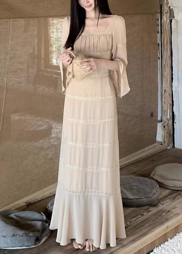 Square Neck Bell Sleeve Lace Trim Tiered Maxi Dress