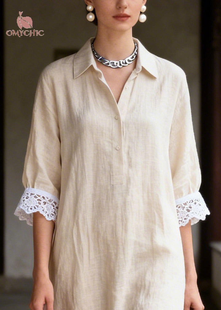 Lace Trim Collar Button Front Three-Quarter Sleeve Maxi Dress - View 2