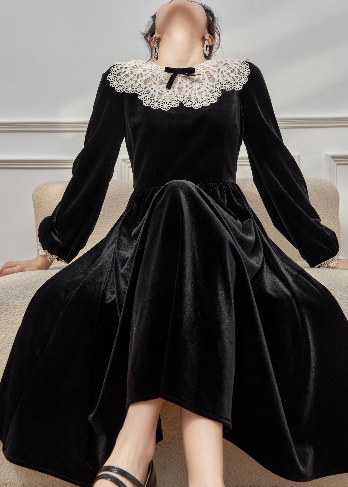 Velvet Long Sleeve Lace Peter Pan Collar Bow A-Line Maxi Dress