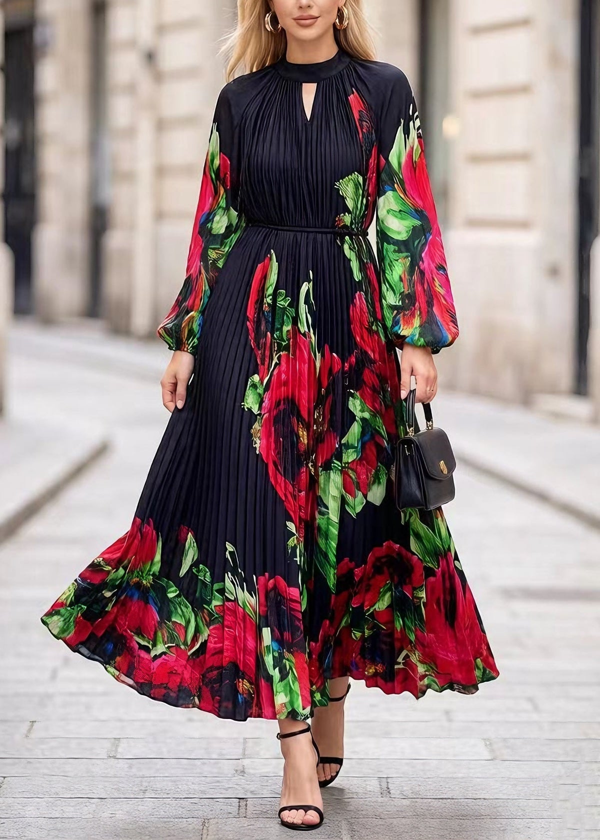 Floral Print Accordion Pleat Mock Neck Keyhole Maxi Dress