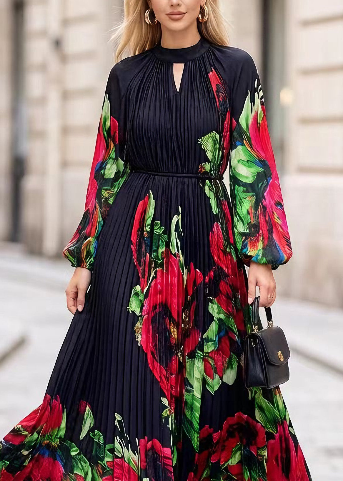 Floral Print Accordion Pleat Mock Neck Keyhole Maxi Dress - View 2
