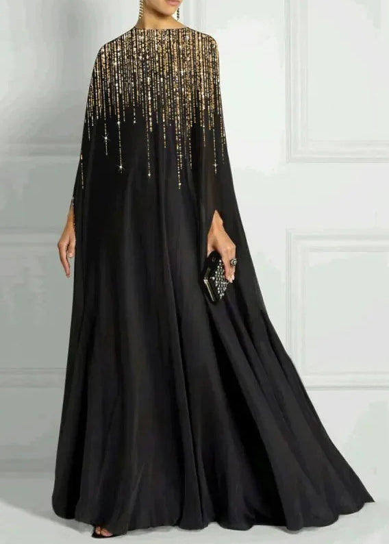 Sequin Cape Sleeve Crew Neck Dripping Embellished A-Line Maxi Gown
