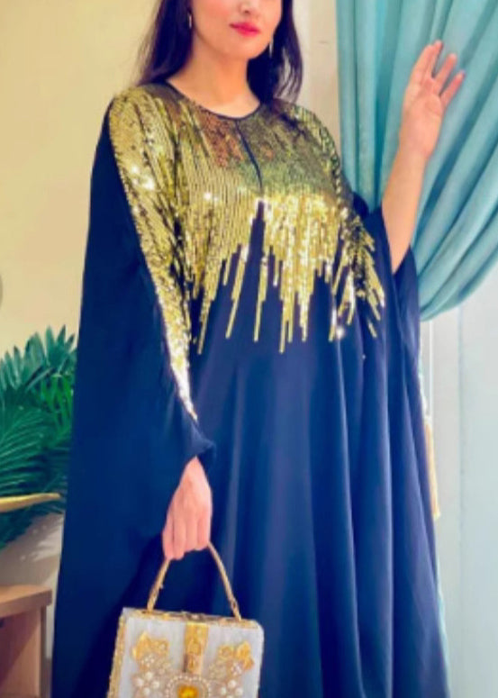 Sequin Cape Sleeve Crew Neck Dripping Embellished A-Line Maxi Gown - View 2