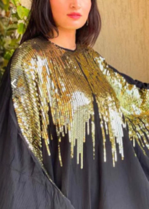 Sequin Cape Sleeve Crew Neck Dripping Embellished A-Line Maxi Gown - View 5