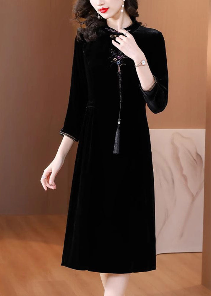 Classy Black Stand Collar Embroideried Floral Silk Maxi Dress - View 3