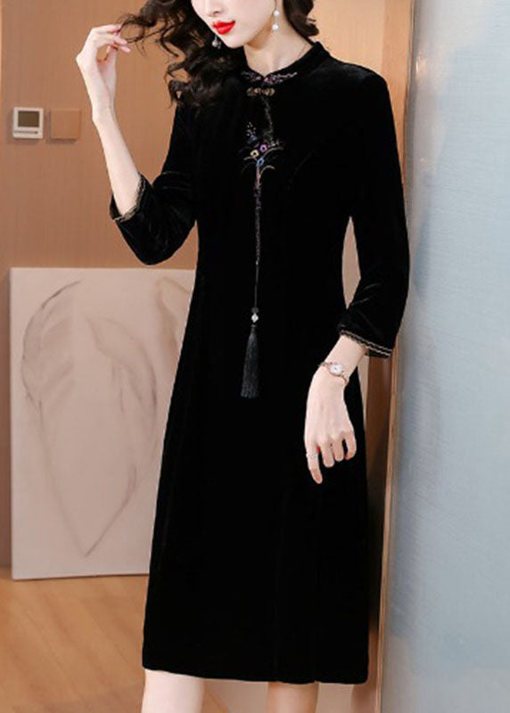 Classy Black Stand Collar Embroideried Floral Silk Maxi Dress - View 4