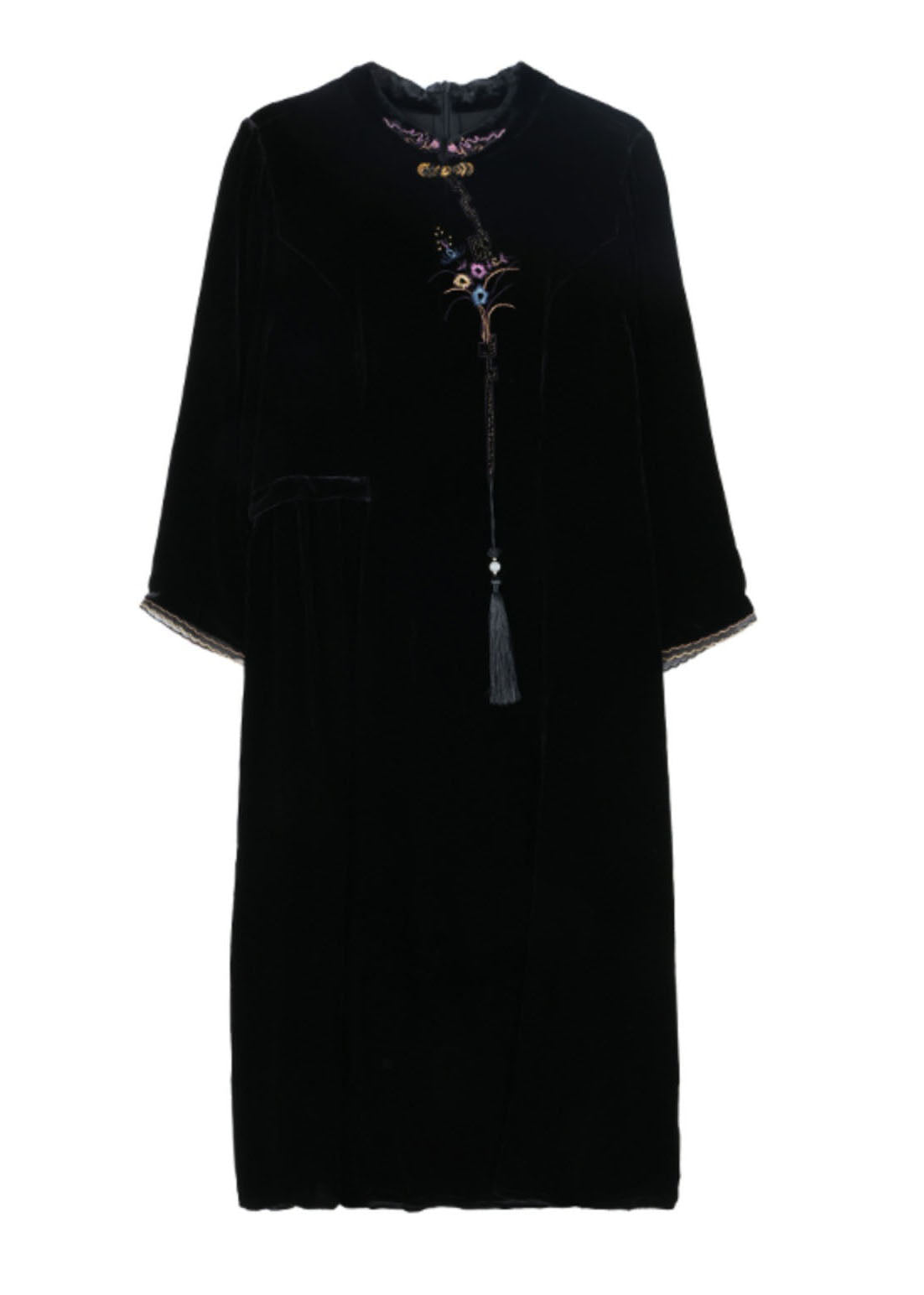 Classy Black Stand Collar Embroideried Floral Silk Maxi Dress - View 5