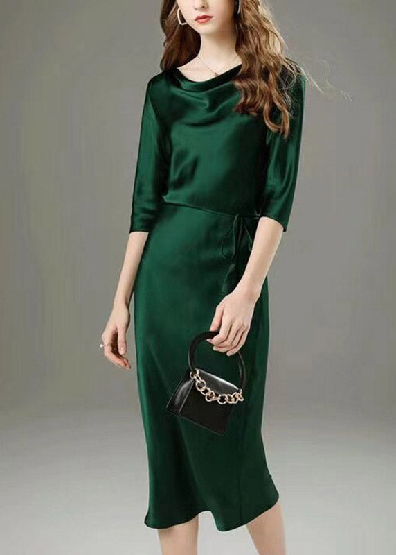 Satin Cowl Neck Three Quarter Sleeve Tie Waist Midi Dress - View 2