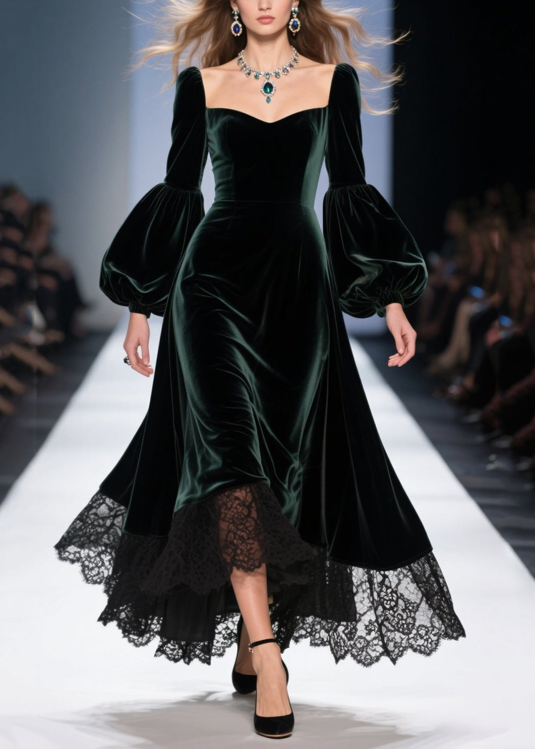 Velvet Sweetheart Puff Sleeve Lace Hem A-Line Midi Dress