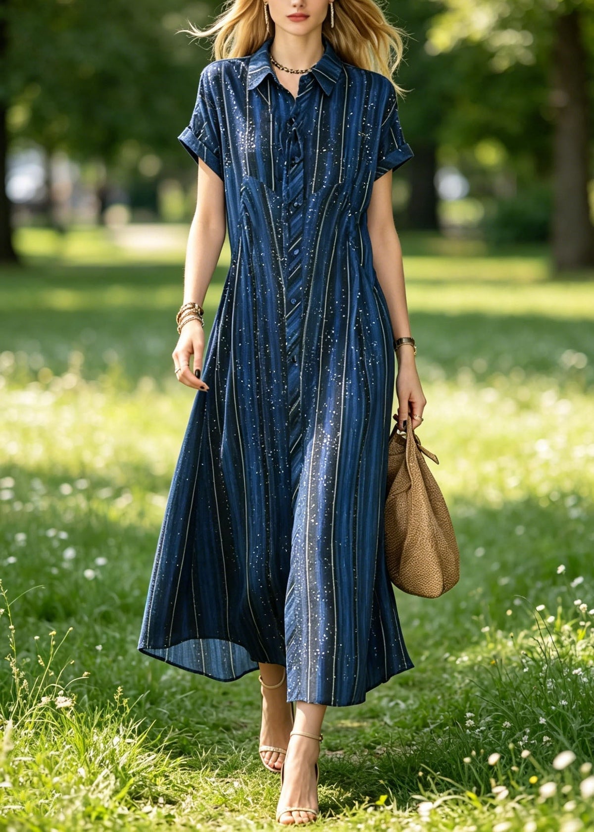 Striped Speckle Print Peter Pan Collar Shirt Maxi Dress - View 3