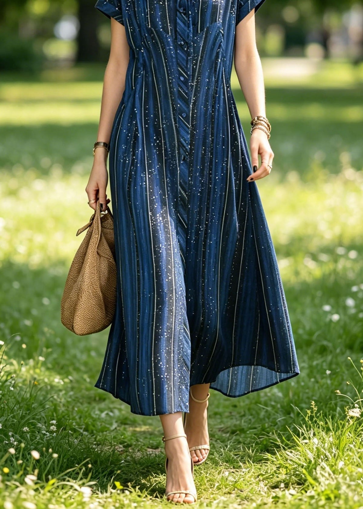 Striped Speckle Print Peter Pan Collar Shirt Maxi Dress - View 4