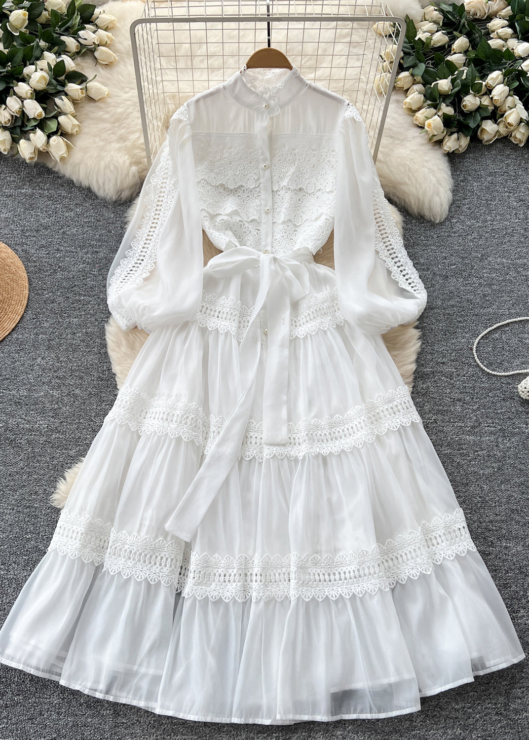 Chiffon Mock Neck Button Down Puff Sleeve Lace Tiered Maxi Dress - View 3