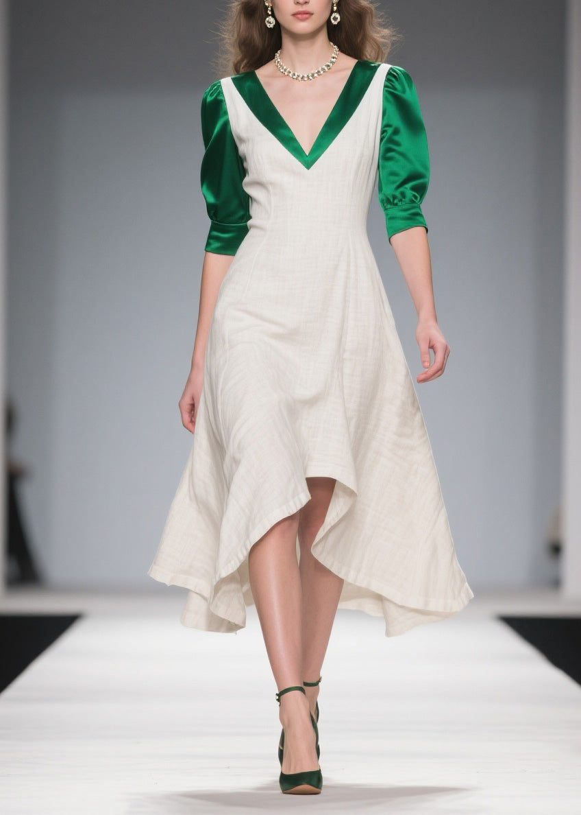 Deep V-Neck Puff Sleeve Satin Panel A-Line Asymmetrical Hem Midi Dress