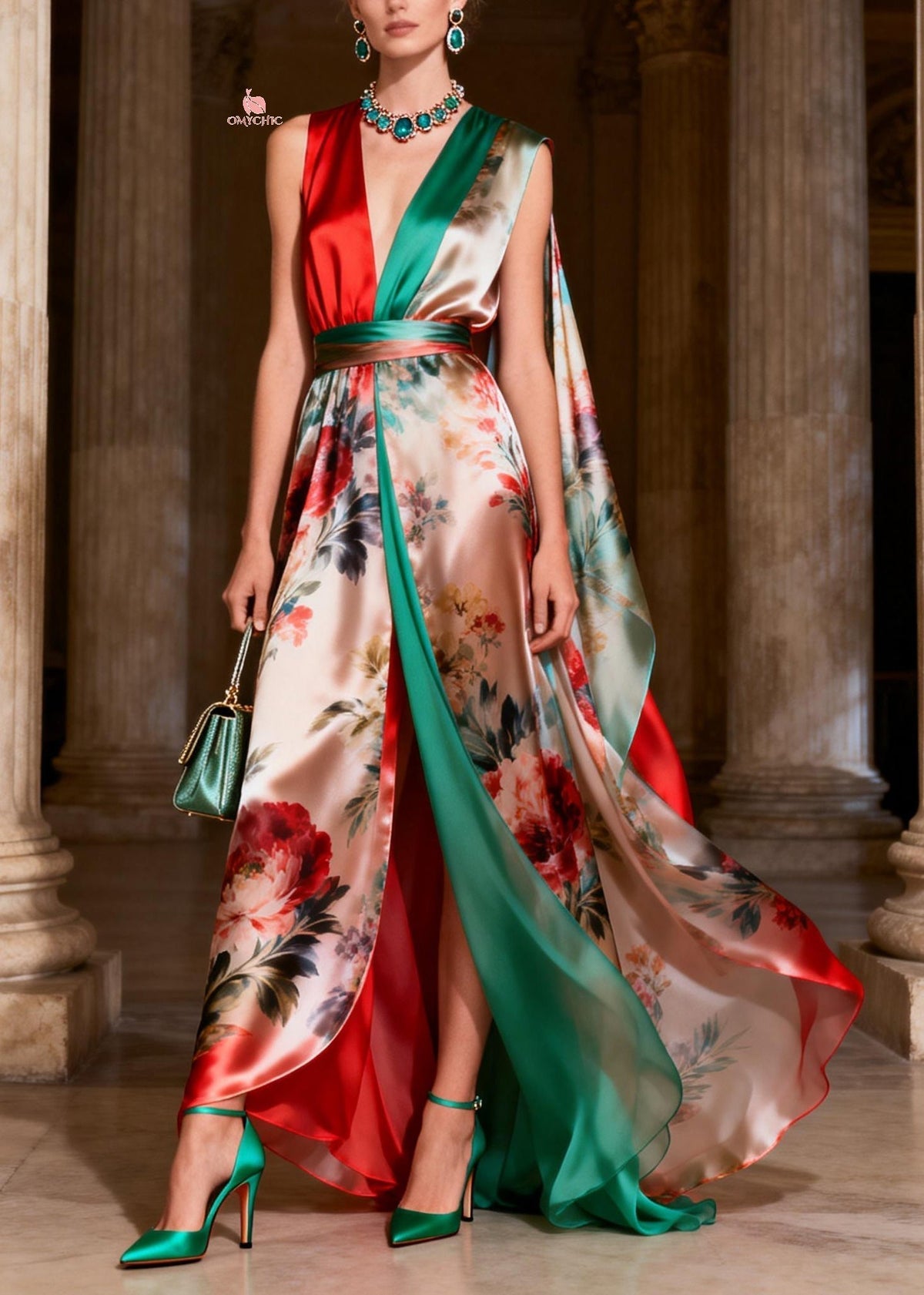 Floral Print Colorblock Deep V-Neck Sleeveless Cape Maxi Gown - View 5