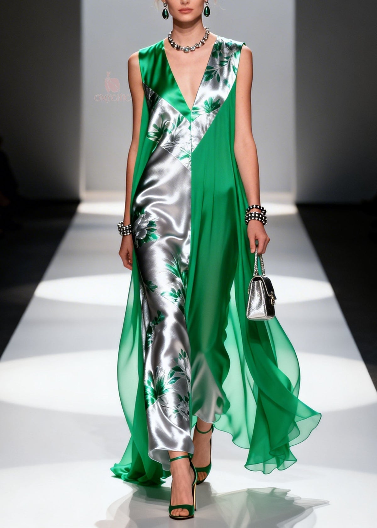 Floral Print Colorblock Deep V-Neck Metallic Paneled Maxi Gown