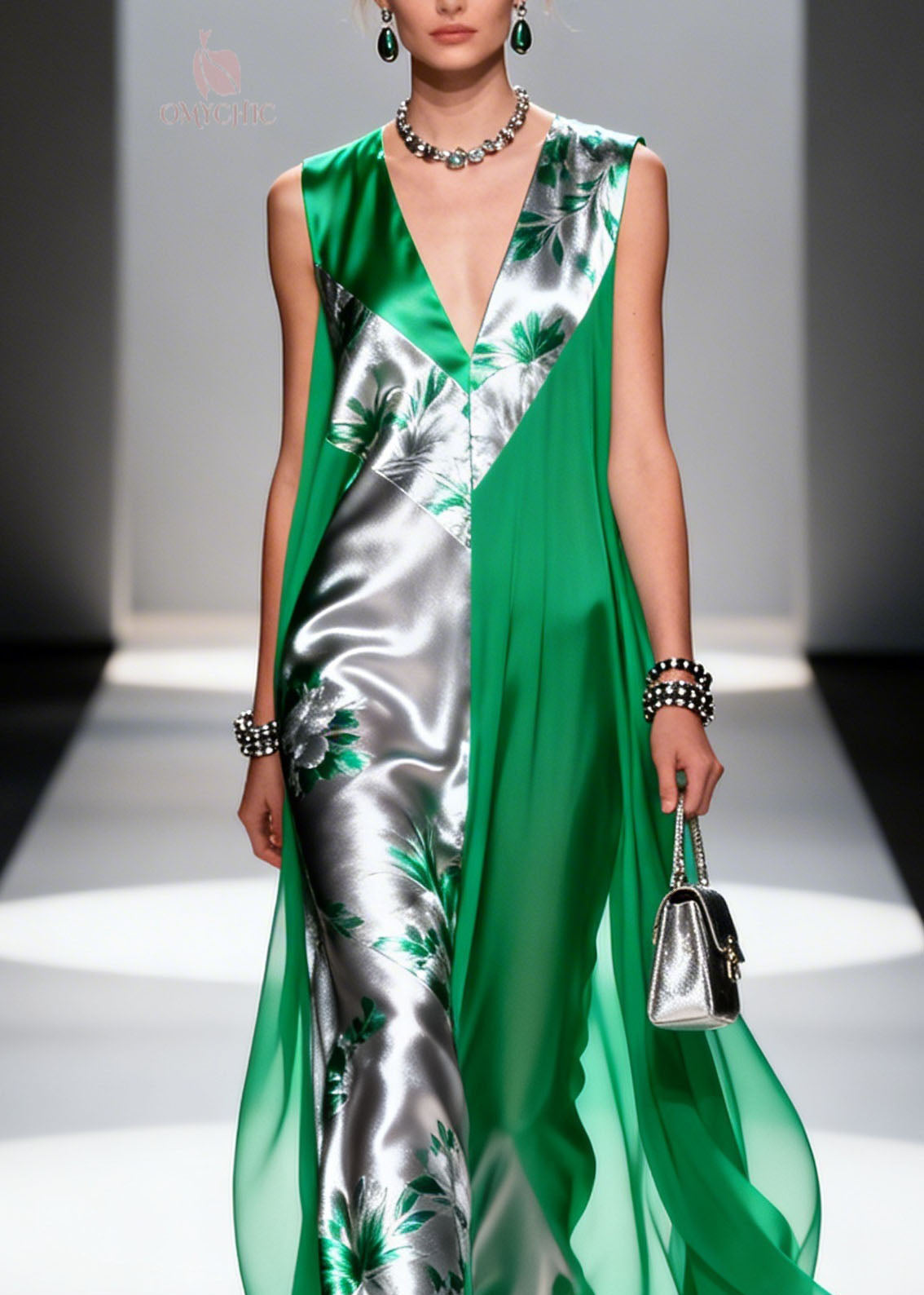 Floral Print Colorblock Deep V-Neck Metallic Paneled Maxi Gown - View 2