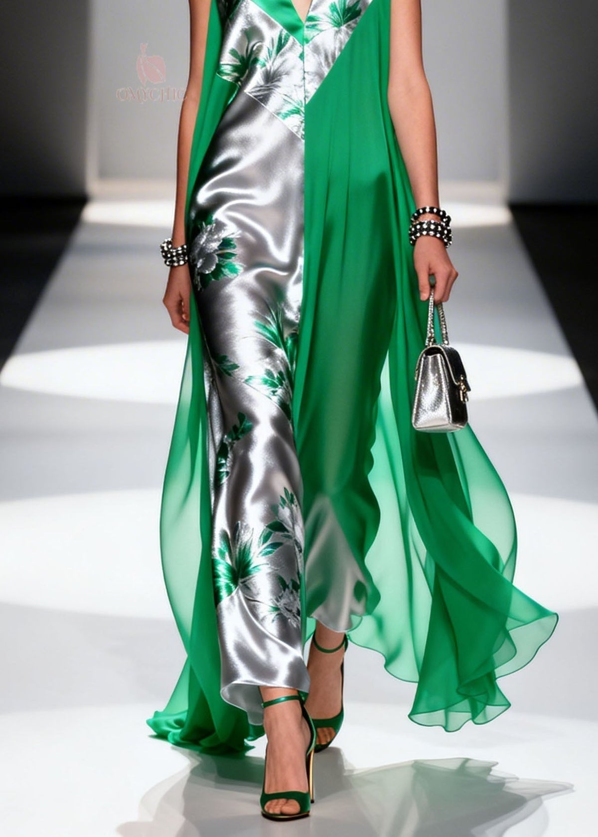 Floral Print Colorblock Deep V-Neck Metallic Paneled Maxi Gown - View 4
