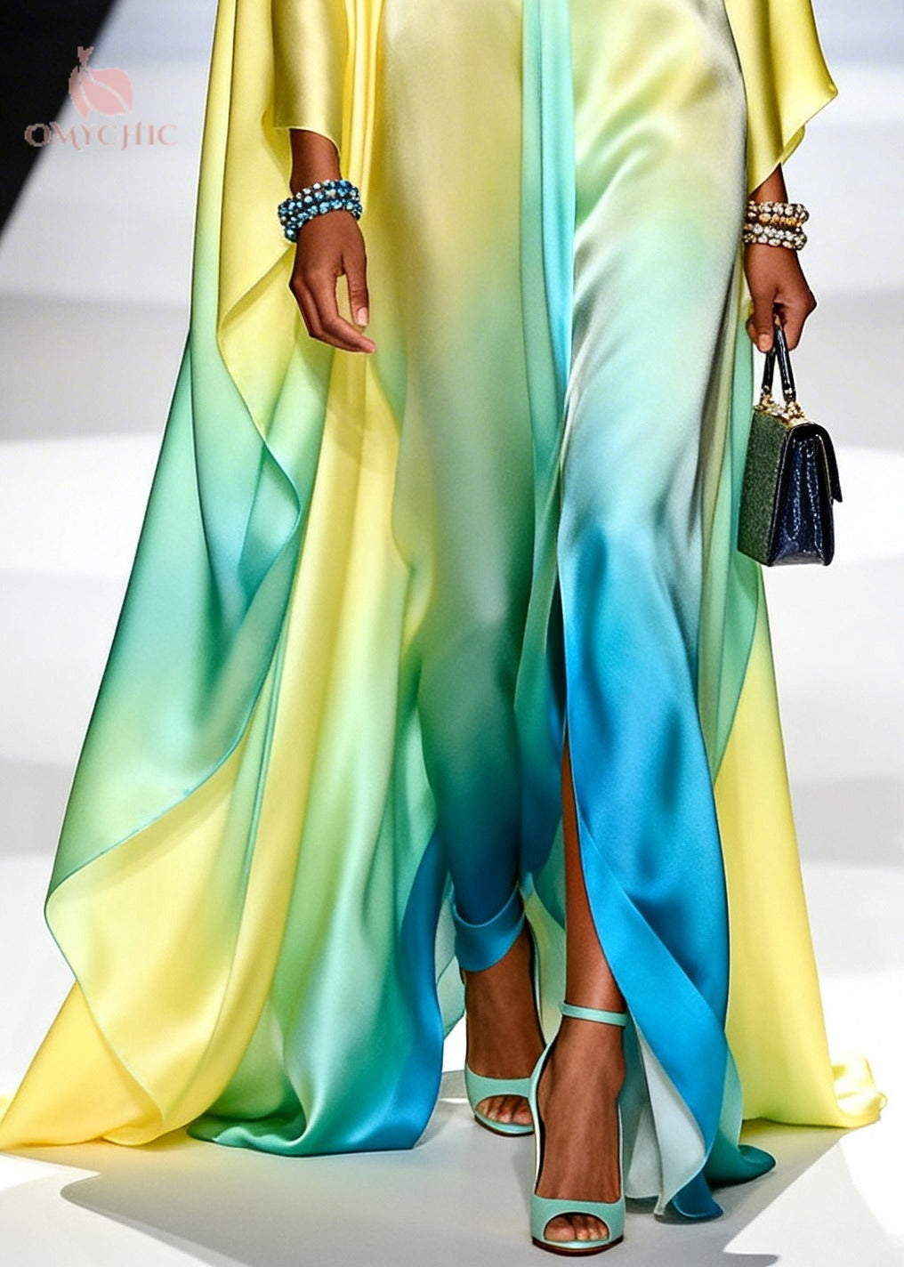 Deep V-Neck Satin Cape Sleeve High Split Kaftan Maxi Dress - View 4