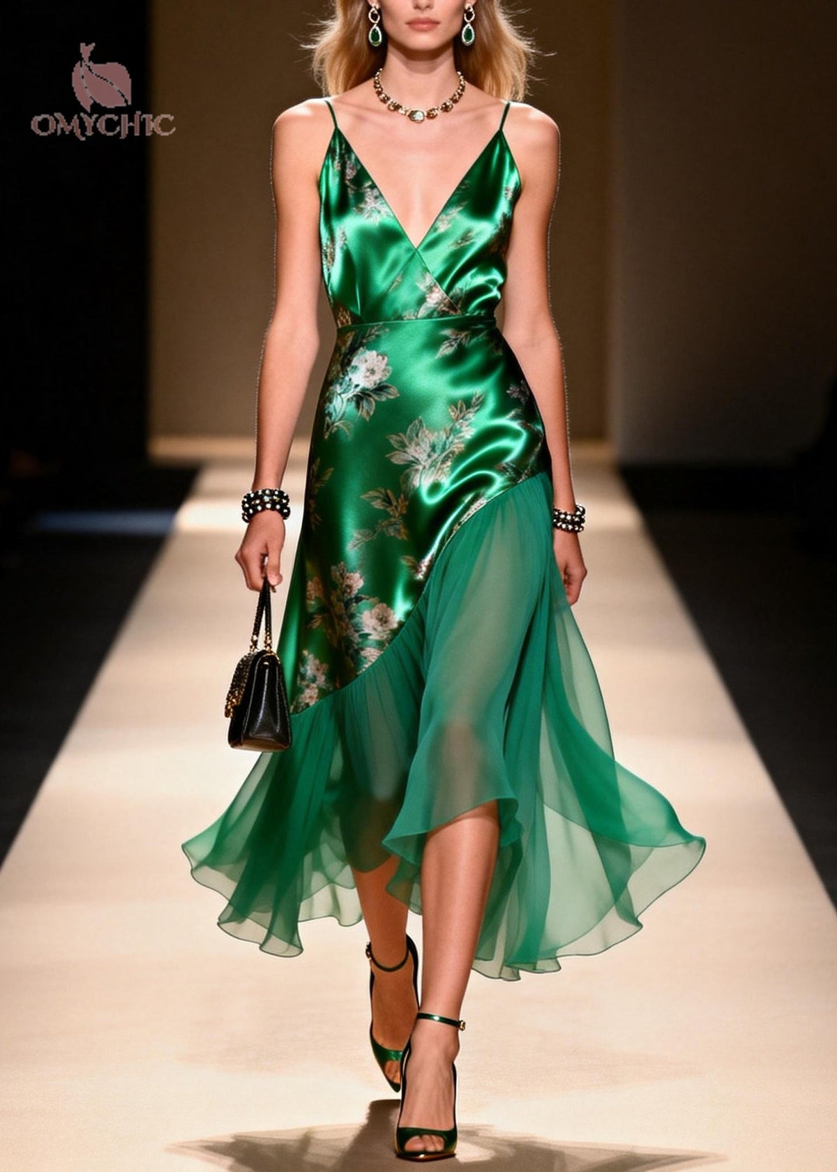 Floral Print Spaghetti Strap Deep V-Neck Satin Chiffon Midi Dress - View 5