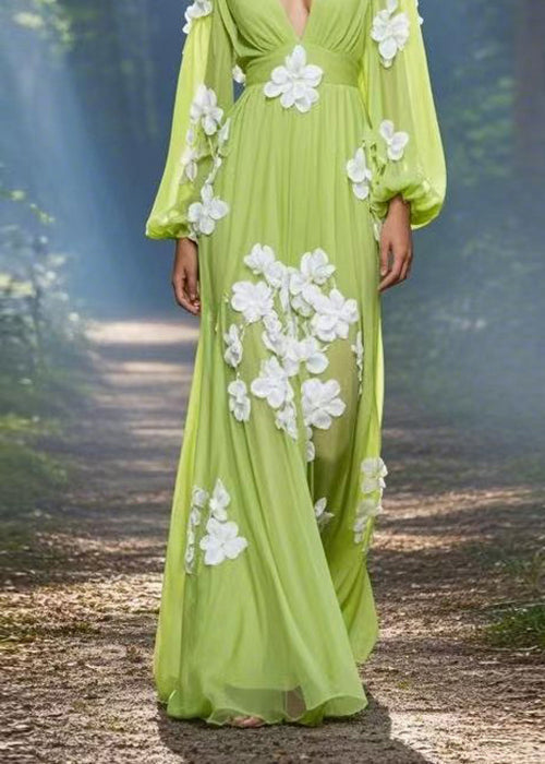 Classy Green V Neck Floral Decorated Chiffon Maxi Dress Spring - View 4