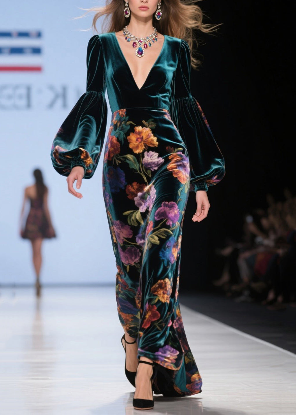Velvet Floral Bishop Sleeve Deep V-Neck Column Maxi Gown - View 3