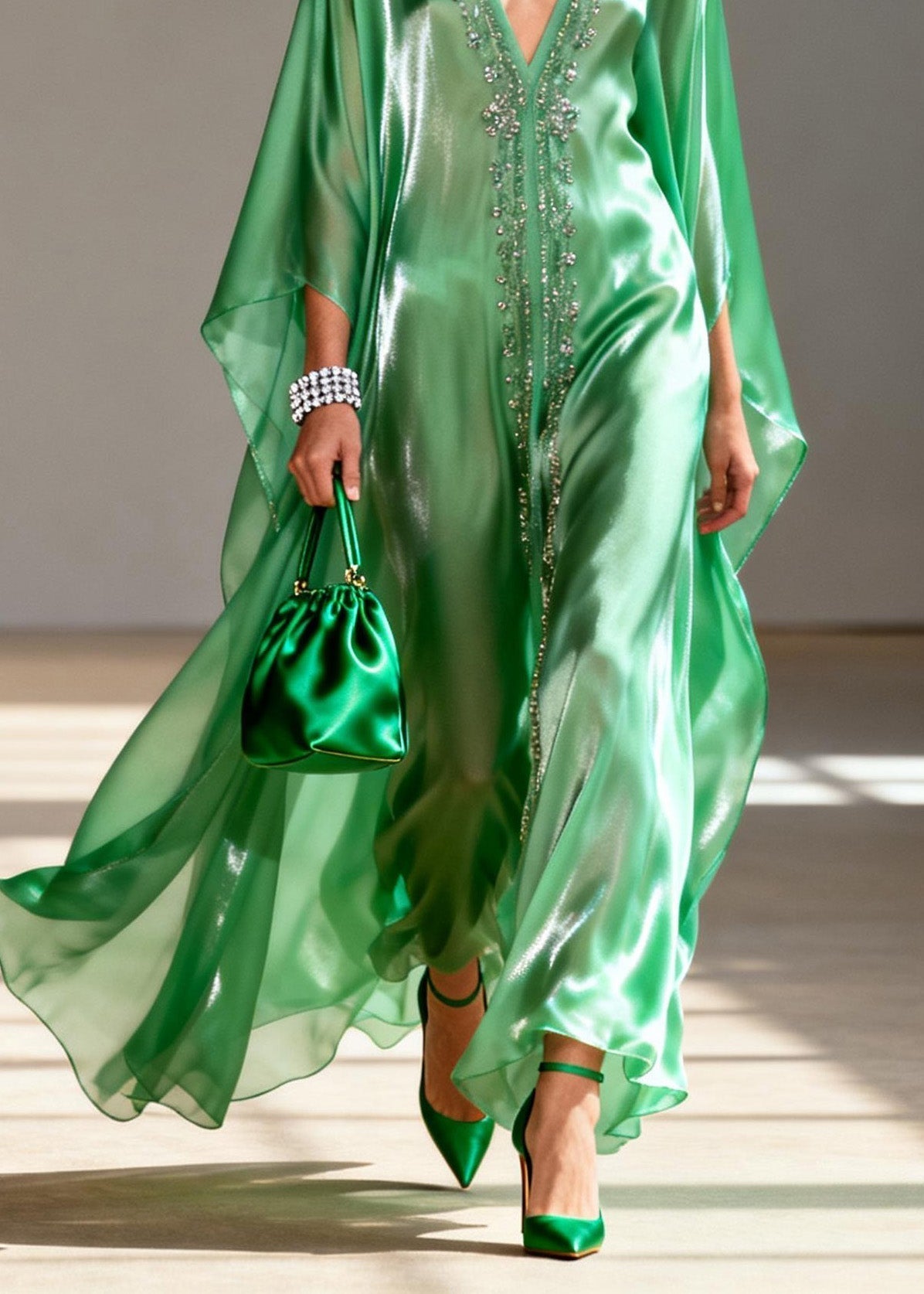 Classy Green V Neck Zircon Chiffon Maxi Dresses Spring - View 4
