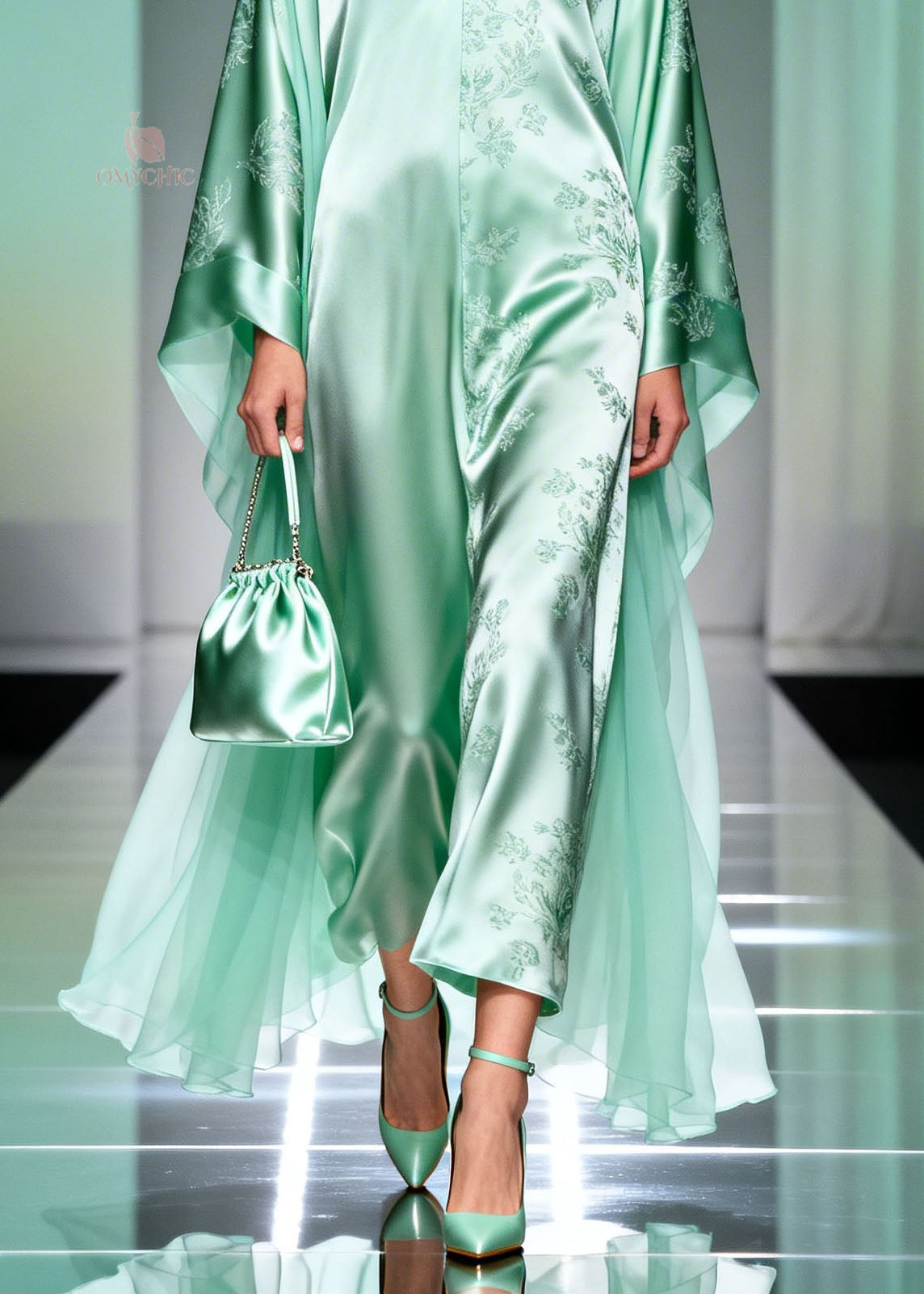 Floral Print Satin Deep V-Neck Chiffon Cape Sleeve Kaftan Maxi Gown - View 4