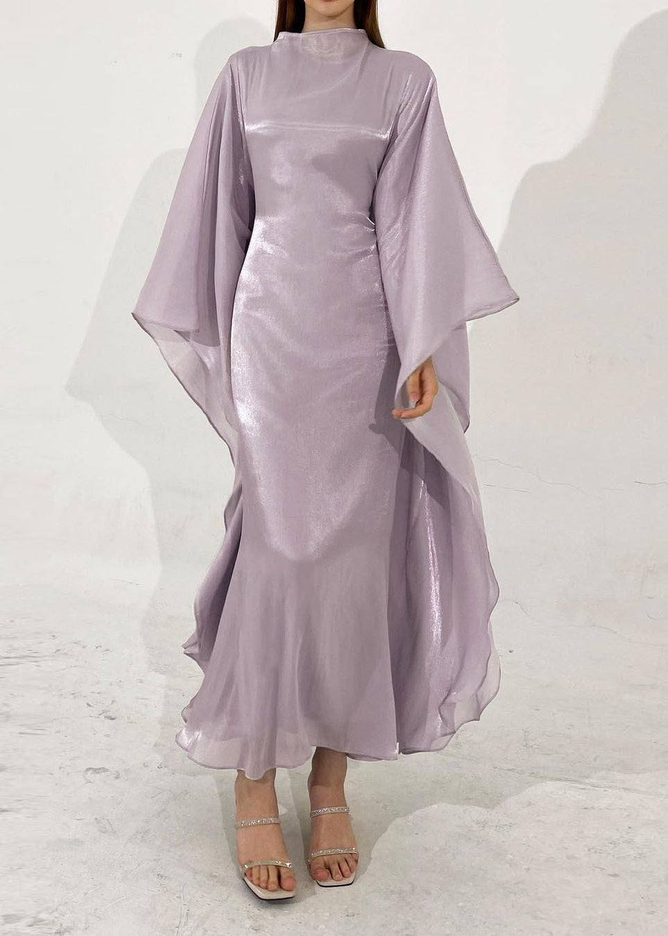 Metallic Organza Cape Sleeve Mock Neck Maxi Gown