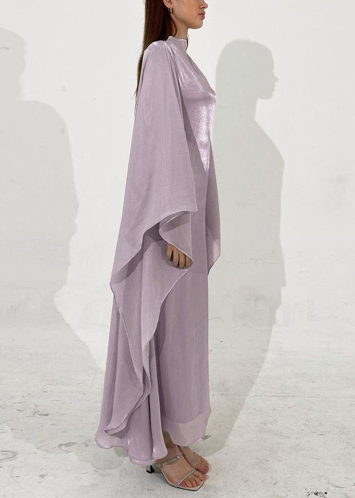 Metallic Organza Cape Sleeve Mock Neck Maxi Gown - View 3