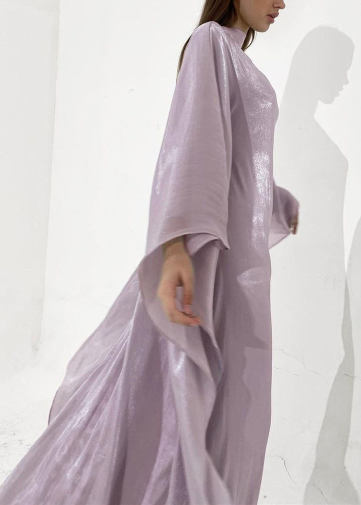 Metallic Organza Cape Sleeve Mock Neck Maxi Gown - View 4