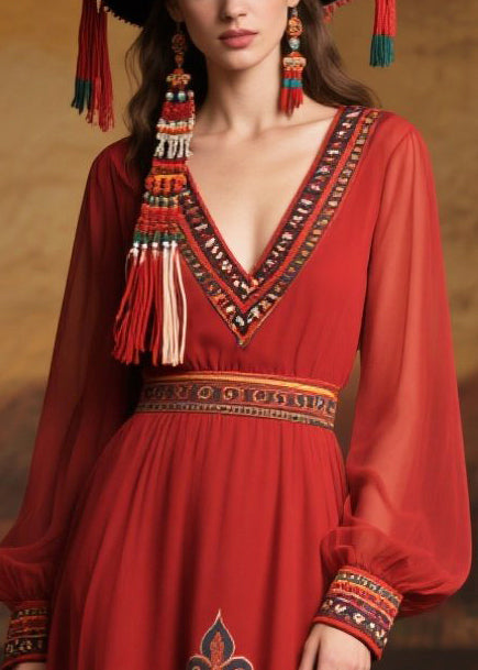 Chiffon Deep V-Neck Embroidered Cuff Long Sleeve Folk Print Maxi Dress - View 2