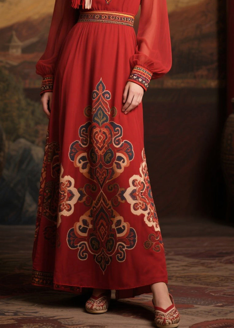 Chiffon Deep V-Neck Embroidered Cuff Long Sleeve Folk Print Maxi Dress - View 4