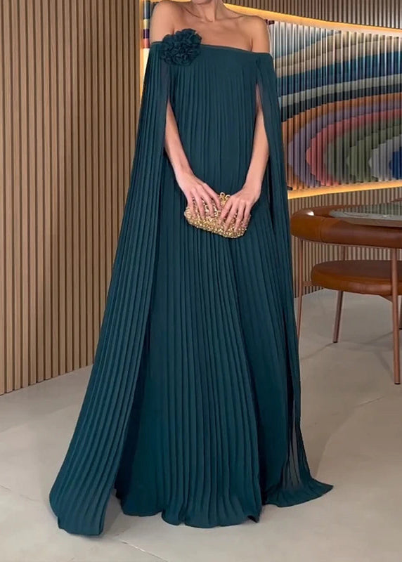 Off Shoulder Accordion Pleat Rosette Cape Sleeve Maxi Gown