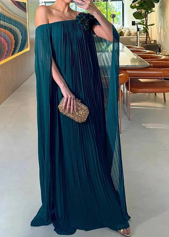 Off Shoulder Accordion Pleat Rosette Cape Sleeve Maxi Gown - View 2