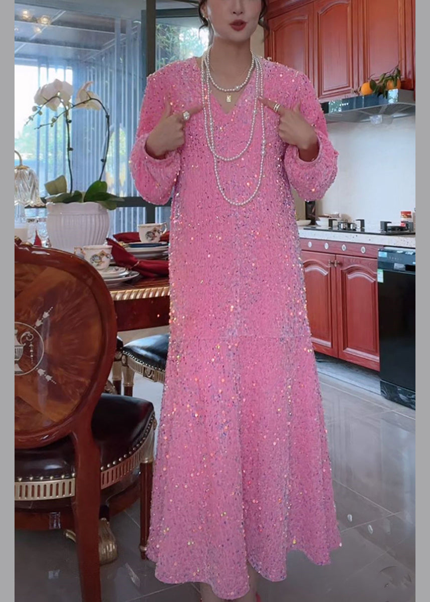 Sequin Deep V-Neck Long Sleeve Balloon Sleeve A-Line Maxi Dress - View 2