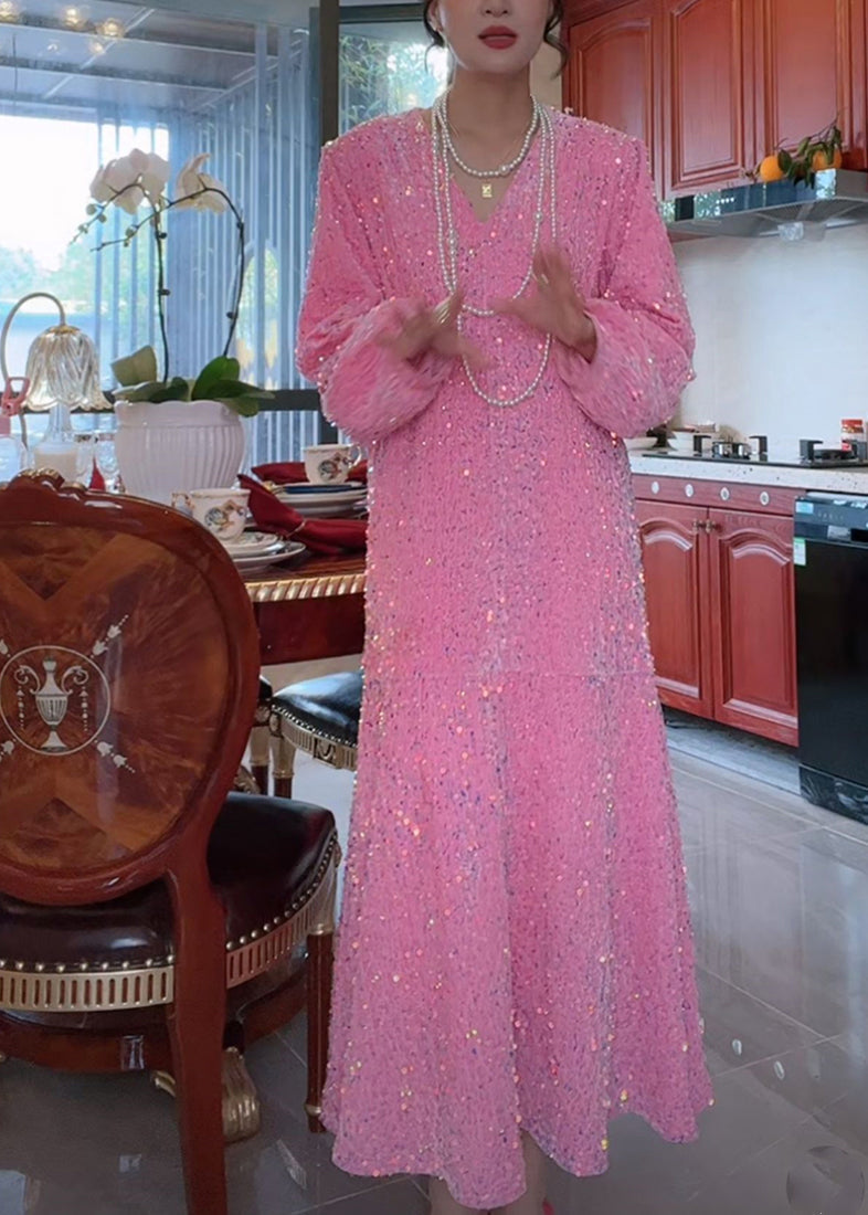 Sequin Deep V-Neck Long Sleeve Balloon Sleeve A-Line Maxi Dress - View 4