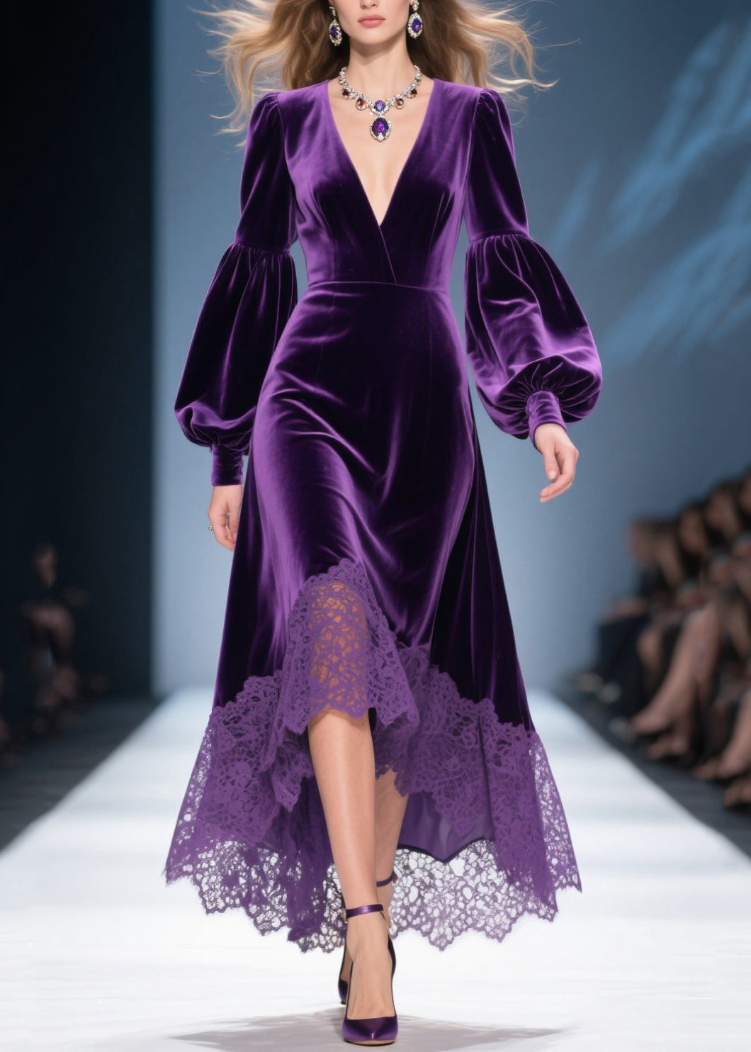 Velvet Deep V-Neck Bishop Sleeve Lace Trim High Low Midi Dress