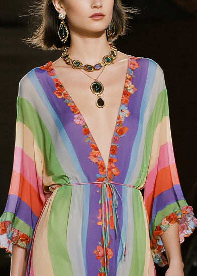 Classy Rainbow Ruffled Striped Chiffon Party Dress Summer - View 2