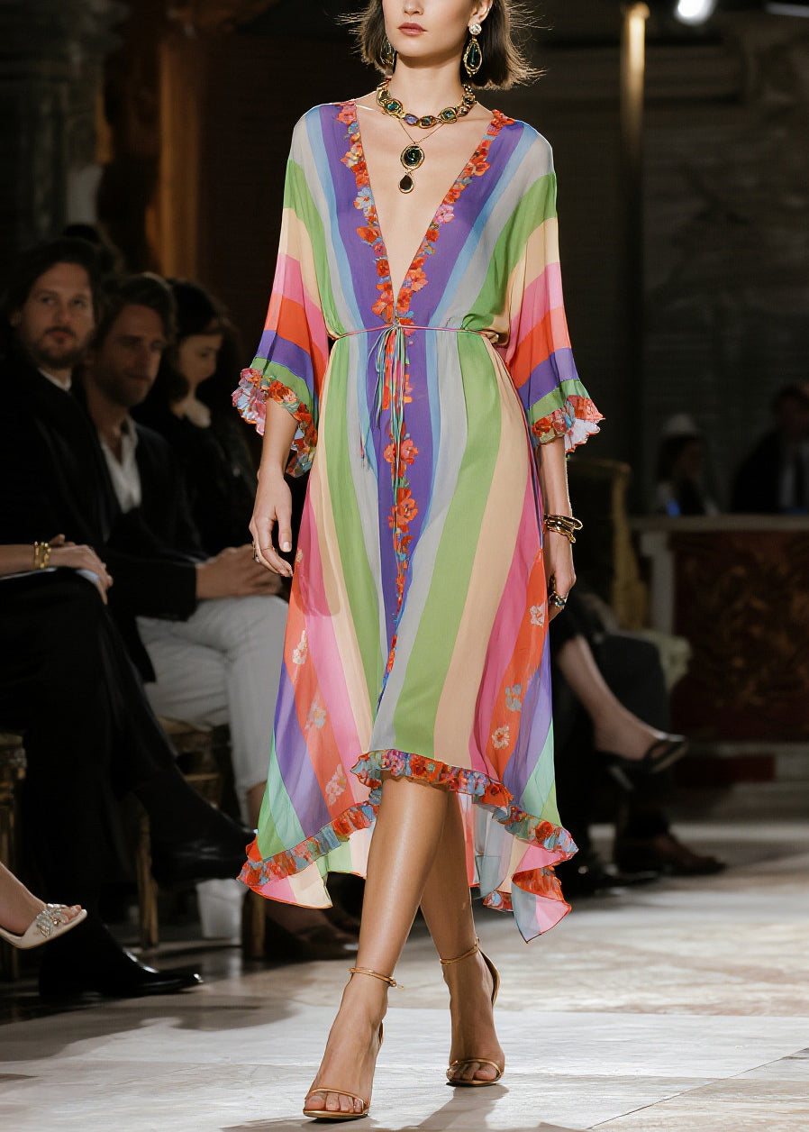 Classy Rainbow Ruffled Striped Chiffon Party Dress Summer - View 3
